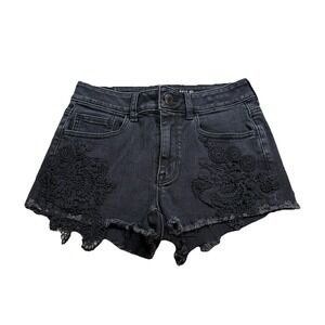 AMERICAN EAGLE Hi-Rise Lace Accent Black Denim Jean Shorts Boho Indie Hippie 4